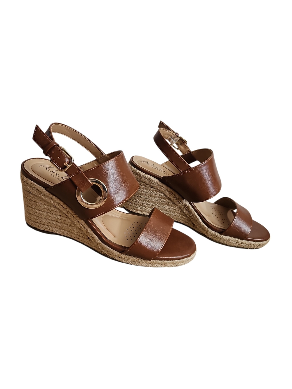 Abella Brown Leather Espadrille Wedge Sandals with Gold Accent